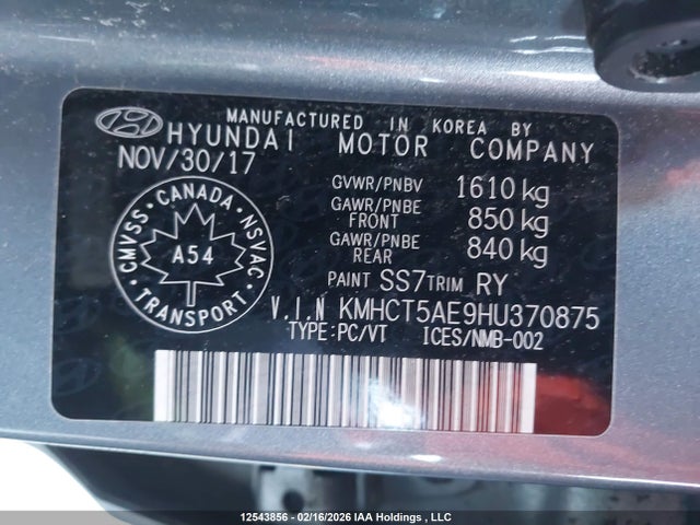 KMHCT5AE9HU370875 Hyundai ACCENT SE