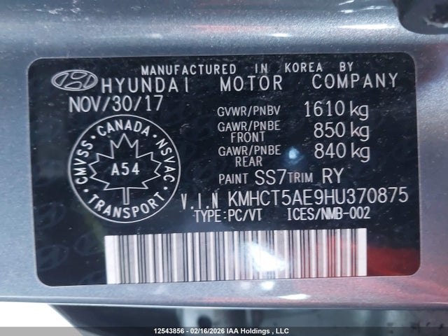 KMHCT5AE9HU370875 Hyundai ACCENT SE