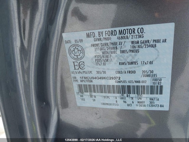 2009 Ford Escape Limited მანქანა იყიდება აუქციონზე, vin: 1FMCU94G49KC29372, აუქციონის ნომერი: 12543898