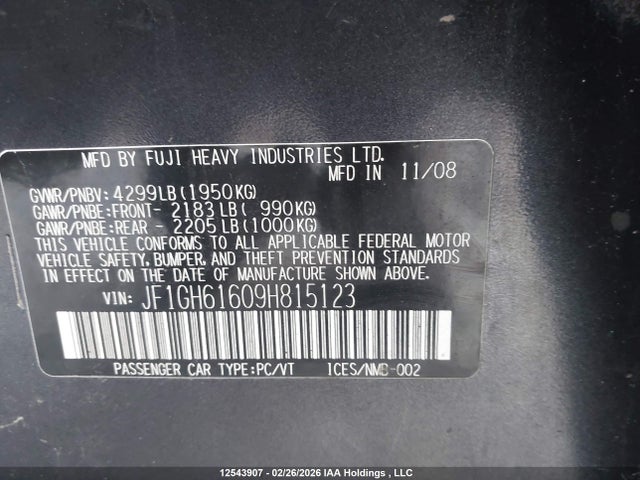 12543907 :رقم المزاد ، JF1GH61609H815123 vin ، 2009 Subaru Impreza مزاد بيع
