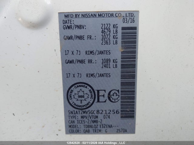 5N1AT2MV5GC821256 Nissan Rogue S/sl Premium/sv