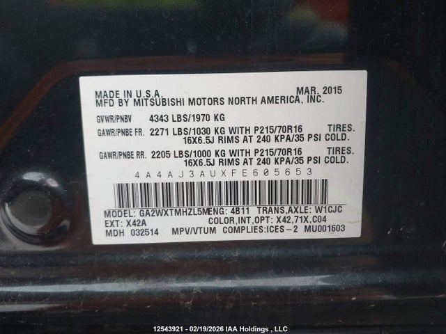 Aukcja sprzedaży 2015 Mitsubishi Rvr Se, vin: 4A4AJ3AUXFE605653, numer aukcji: 12543921