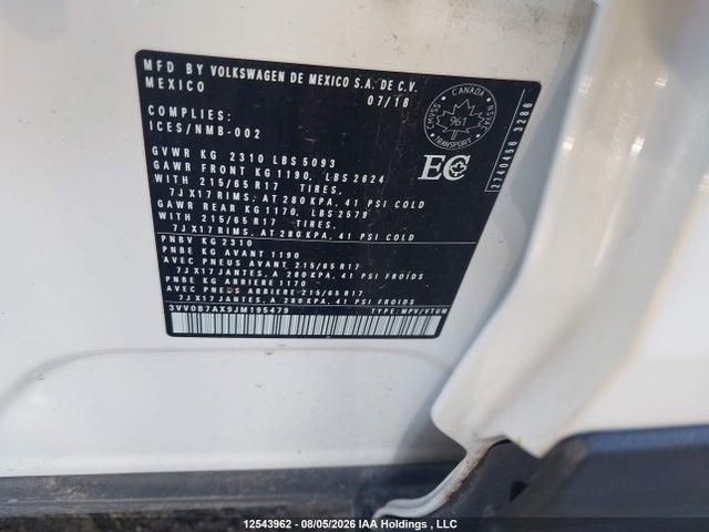 12543962 :رقم المزاد ، 3VV0B7AX9JM195479 vin ، 2018 Volkswagen Tiguan Trendline مزاد بيع