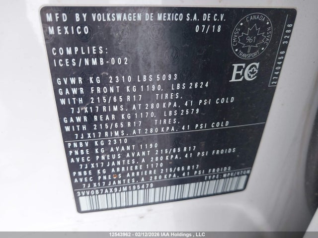 12543962 :رقم المزاد ، 3VV0B7AX9JM195479 vin ، 2018 Volkswagen Tiguan Trendline مزاد بيع