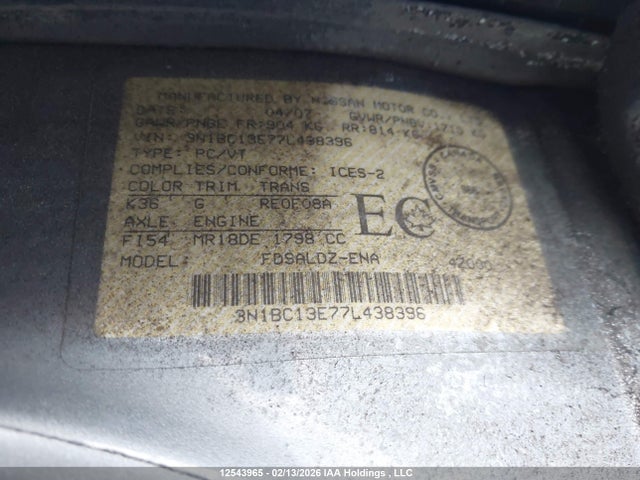 Aukcja sprzedaży 2007 Nissan Versa, vin: 3N1BC13E77L438396, numer aukcji: 12543965