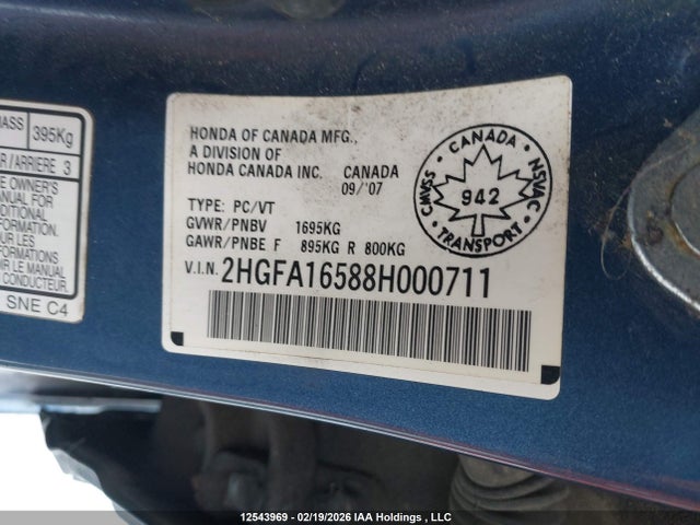 Aukcja sprzedaży 2008 Honda Civic Lx, vin: 2HGFA16588H000711, numer aukcji: 12543969