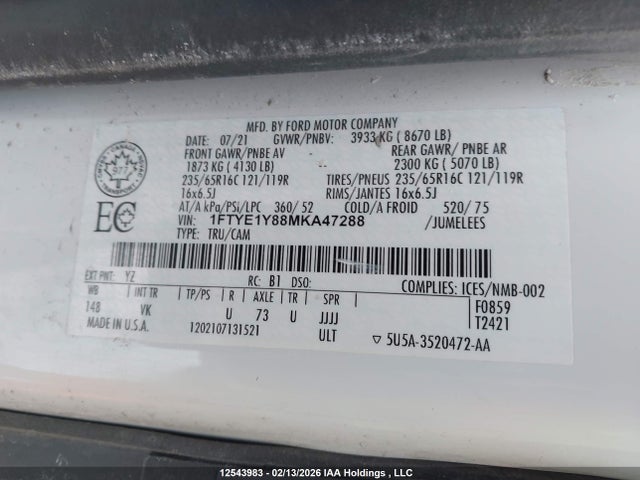 1FTYE1Y88MKA47288 Ford Transit T-150