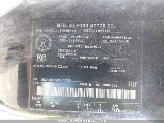 Продажа на аукционе авто 2011 Ford Transit Connect Xlt, vin: NM0KS9BN5BT073119, номер лота: 12543991