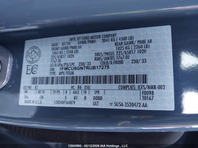 2024 Ford Escape Active მანქანა იყიდება აუქციონზე, vin: 1FMCU9GN7RUB17275, აუქციონის ნომერი: 12543992
