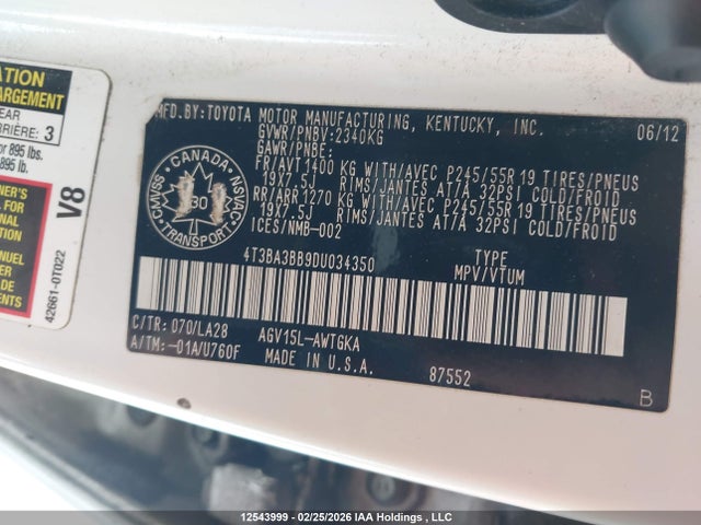 Продажа на аукционе авто 2013 Toyota Venza Le/xle, vin: 4T3BA3BB9DU034350, номер лота: 12543999