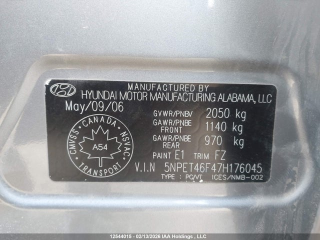 Продажа на аукционе авто 2007 Hyundai Sonata Gl V6/gls V6, vin: 5NPET46F47H176045, номер лота: 12544015