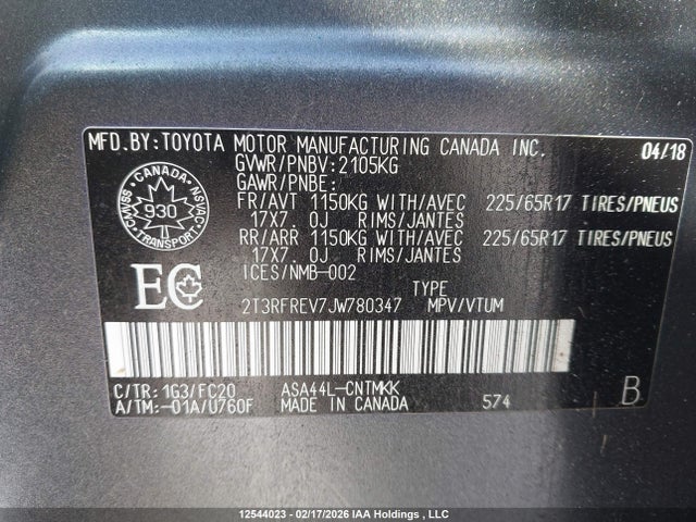 Продажа на аукционе авто 2018 Toyota Rav4 Adventure/xle, vin: 2T3RFREV7JW780347, номер лота: 12544023