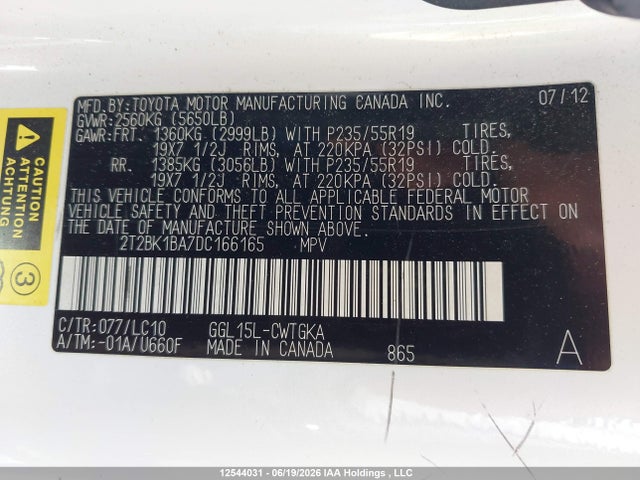 12544031 :رقم المزاد ، 2T2BK1BA7DC166165 vin ، 2013 Lexus Rx 350 مزاد بيع