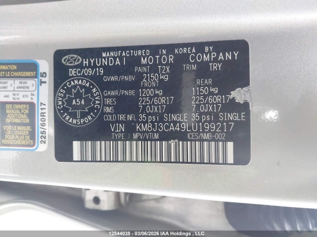 Продаж на аукціоні авто 2020 Hyundai Tucson Preferred Awd, vin: KM8J3CA49LU199217, номер лоту: 12544038