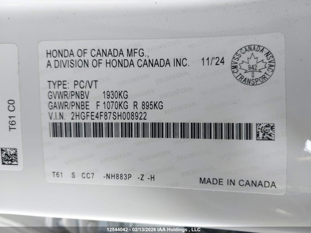 2HGFE4F87SH008922 Honda Civic Sport Hybrid/sport Touring Hybrid