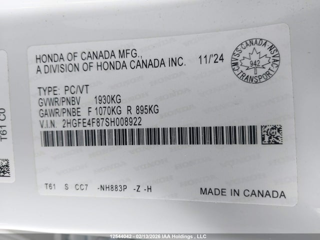 2HGFE4F87SH008922 Honda Civic Sport Hybrid/sport Touring Hybrid