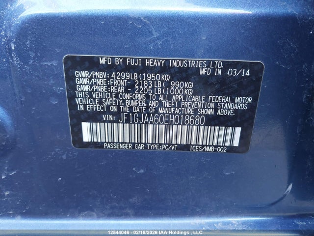 2014 Subaru Impreza მანქანა იყიდება აუქციონზე, vin: JF1GJAA60EH018680, აუქციონის ნომერი: 12544046
