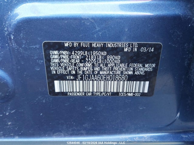 2014 Subaru Impreza მანქანა იყიდება აუქციონზე, vin: JF1GJAA60EH018680, აუქციონის ნომერი: 12544046