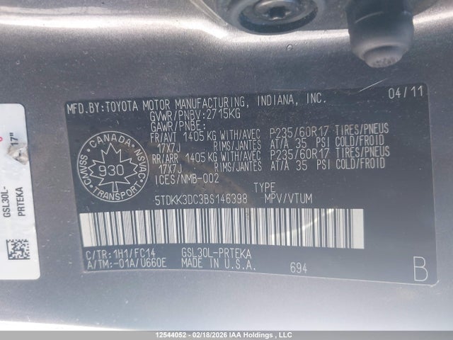 2011 Toyota Sienna Le 8 Passenger მანქანა იყიდება აუქციონზე, vin: 5TDKK3DC3BS146398, აუქციონის ნომერი: 12544052
