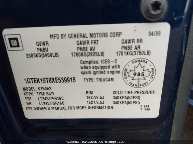 Aukcja sprzedaży 1999 Gmc Sierra 1500 Sl/sle/slt, vin: 1GTEK19T8XE539918, numer aukcji: 12544053