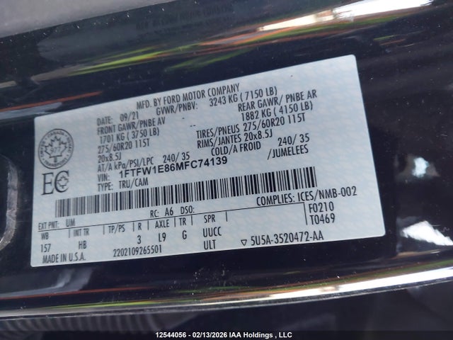 12544056 :رقم المزاد ، 1FTFW1E86MFC74139 vin ، 2021 Ford F-150 Lariat مزاد بيع