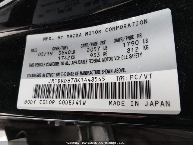 12544062 :رقم المزاد ، JM1DKDB78K1448545 vin ، 2019 Mazda Cx-3 Gx مزاد بيع