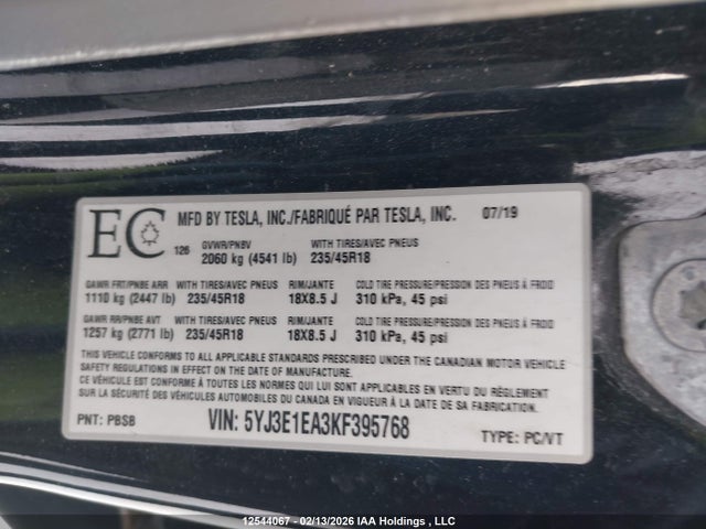 Tesla MODEL 3 2019 5YJ3E1EA3KF395768 Image 9