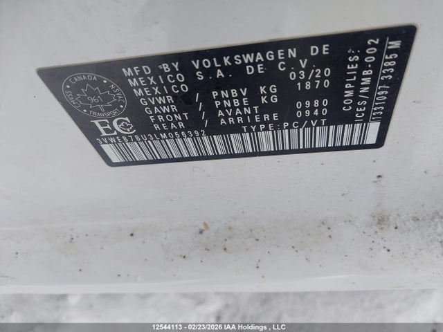 12544113 :رقم المزاد ، 3VWEB7BU3LM056392 vin ، 2020 Volkswagen Jetta Highline مزاد بيع
