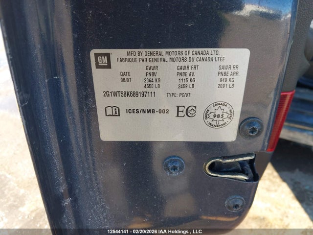 12544141 :رقم المزاد ، 2G1WT58K689197111 vin ، 2008 Chevrolet Impala Lt مزاد بيع