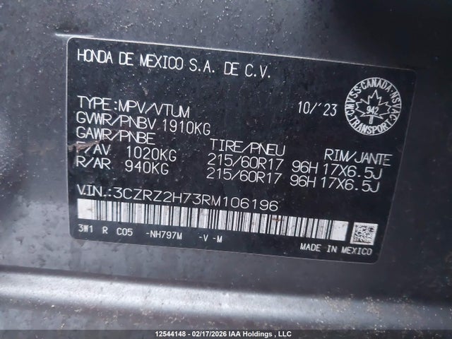 Продажа на аукционе авто 2024 Honda Hr-v Ex-l Navi, vin: 3CZRZ2H73RM106196, номер лота: 12544148
