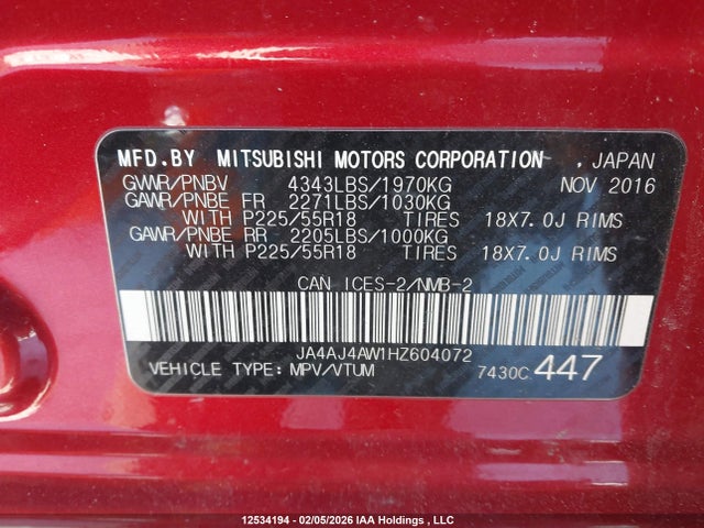 JA4AJ4AW1HZ604072 Mitsubishi Rvr Black Edition/gt/se Limited Edition