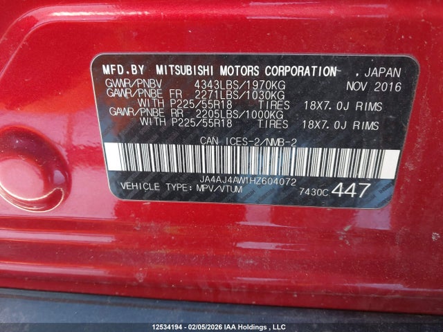 JA4AJ4AW1HZ604072 Mitsubishi Rvr Black Edition/gt/se Limited Edition