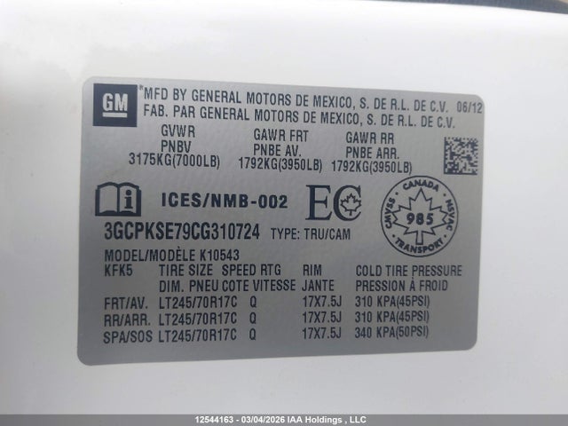 12544163 :رقم المزاد ، 3GCPKSE79CG310724 vin ، 2012 Chevrolet Silverado 1500 Lt مزاد بيع
