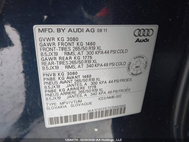 2012 Audi Q7 3.0 Premium მანქანა იყიდება აუქციონზე, vin: WA1CGCFE7CD002560, აუქციონის ნომერი: 12544174