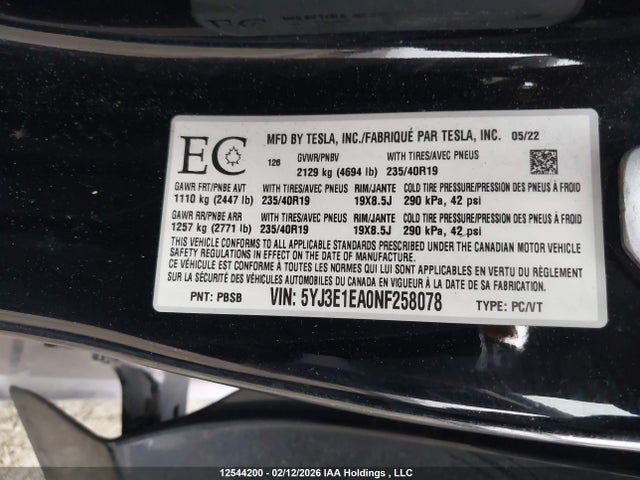 5YJ3E1EA0NF258078 Tesla MODEL 3
