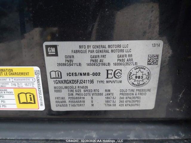 1GNKRGKD5FJ241196 Chevrolet Traverse 1lt