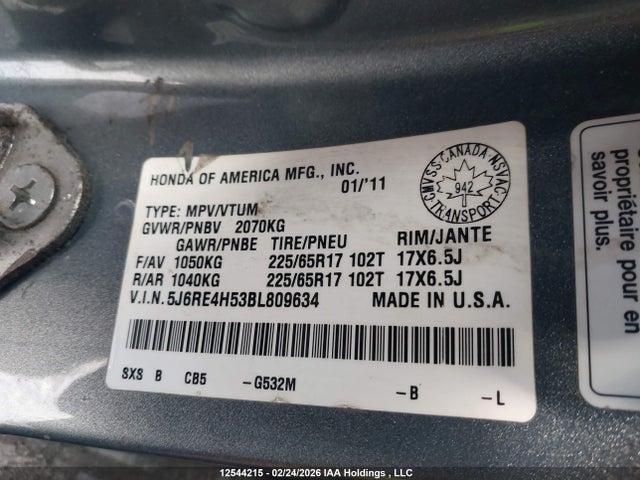 12544215 :رقم المزاد ، 5J6RE4H53BL809634 vin ، 2011 Honda Cr-v Ex مزاد بيع