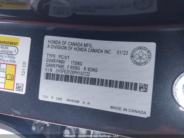 2023 Honda Civic მანქანა იყიდება აუქციონზე, vin: 2HGFE2F2XPH102722, აუქციონის ნომერი: 12544220