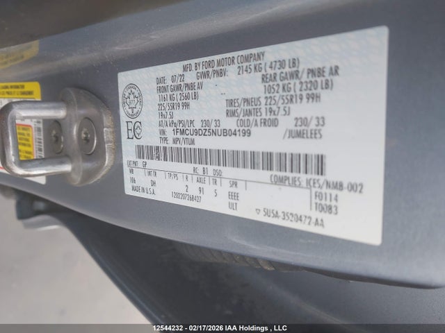 12544232 :رقم المزاد ، 1FMCU9DZ5NUB04199 vin ، 2022 Ford Escape Hybrid مزاد بيع