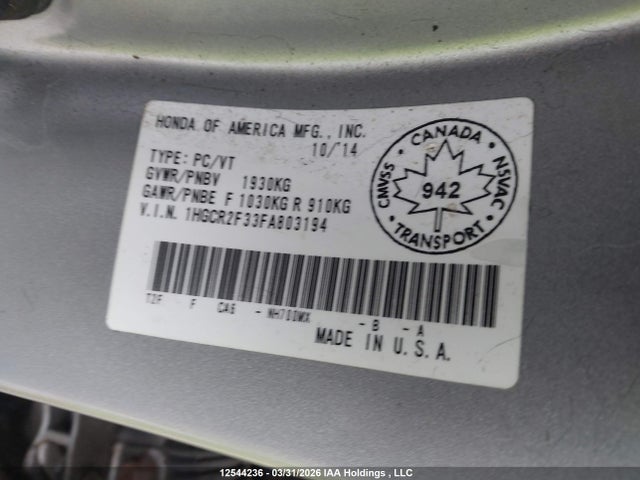 12544236 :رقم المزاد ، 1HGCR2F33FA803194 vin ، 2015 Honda Accord Lx مزاد بيع