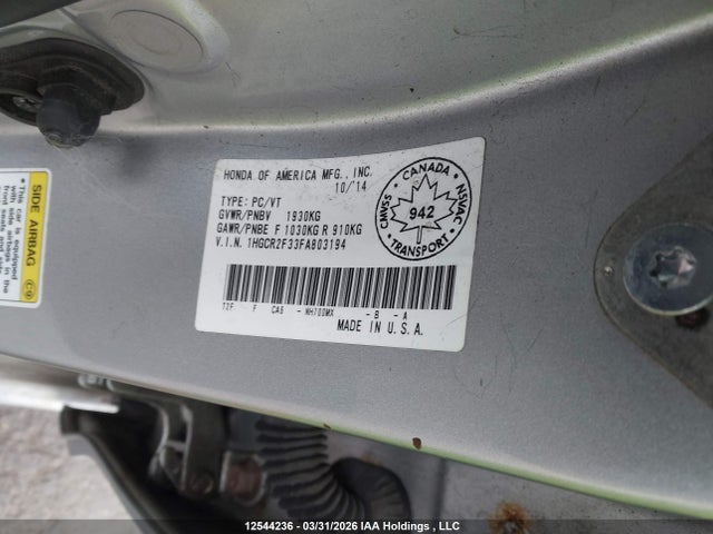 12544236 :رقم المزاد ، 1HGCR2F33FA803194 vin ، 2015 Honda Accord Lx مزاد بيع