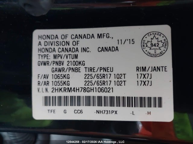 2HKRM4H78GH106021 Honda Cr-v Ex-l