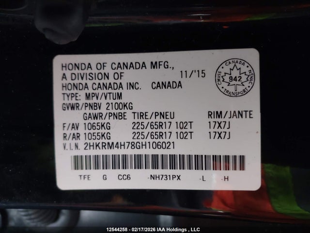 2HKRM4H78GH106021 Honda Cr-v Ex-l