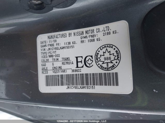 12544260 :رقم المزاد ، JN1CV6ELXAM150151 vin ، 2010 Infiniti G37x مزاد بيع