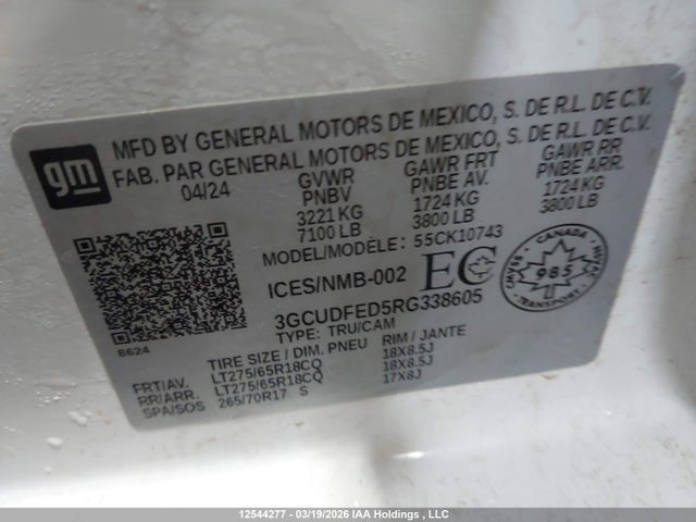 12544277 :رقم المزاد ، 3GCUDFED5RG338605 vin ، 2024 Chevrolet Silverado K1500 Lt Trail Boss مزاد بيع