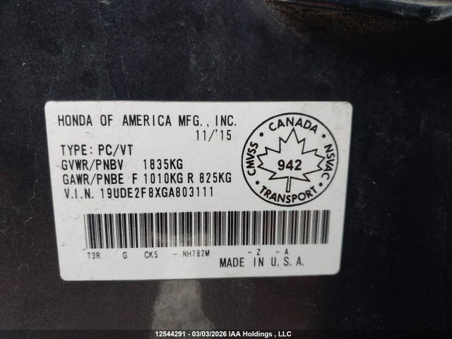 12544291 :رقم المزاد ، 19UDE2F8XGA803111 vin ، 2016 Acura Ilx A-spec مزاد بيع