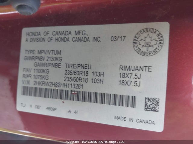 2HKRW2H82HH113281 Honda Cr-v Ex-l