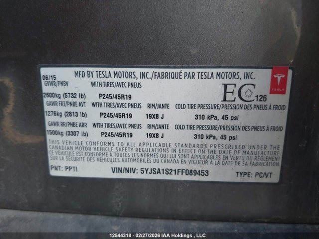 Tesla Model S 70d/85d/p85d 2015 5YJSA1S21FF089453 Image 9