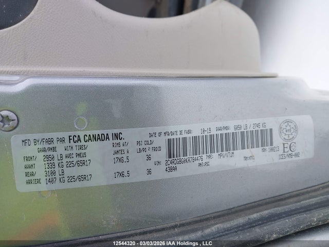 12544320 :رقم المزاد ، 2C4RDGBG0KR784476 vin ، 2019 Dodge Grand Caravan Se مزاد بيع