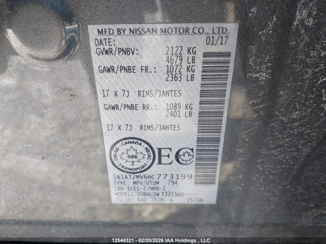 5N1AT2MV6HC773199 Nissan Rogue Sv/sl